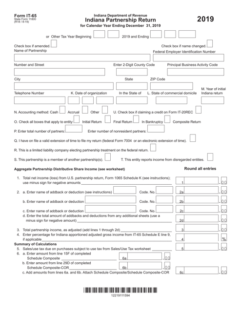 Form IT-65 (State Form 11800) 2019 Printable Pdf