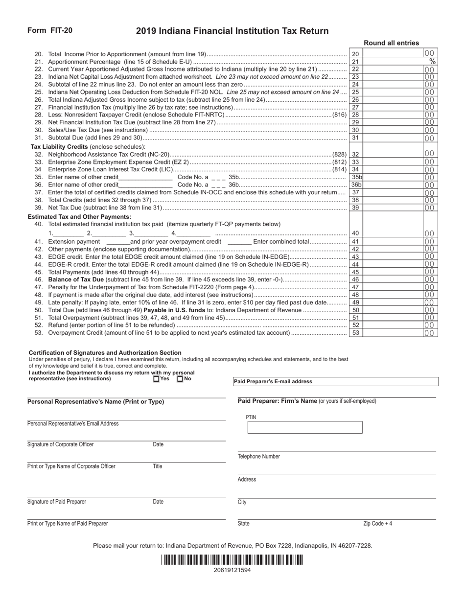 Form FIT-20 (State Form 44623) Indiana Financial Institution Tax Return - Indiana, Page 2