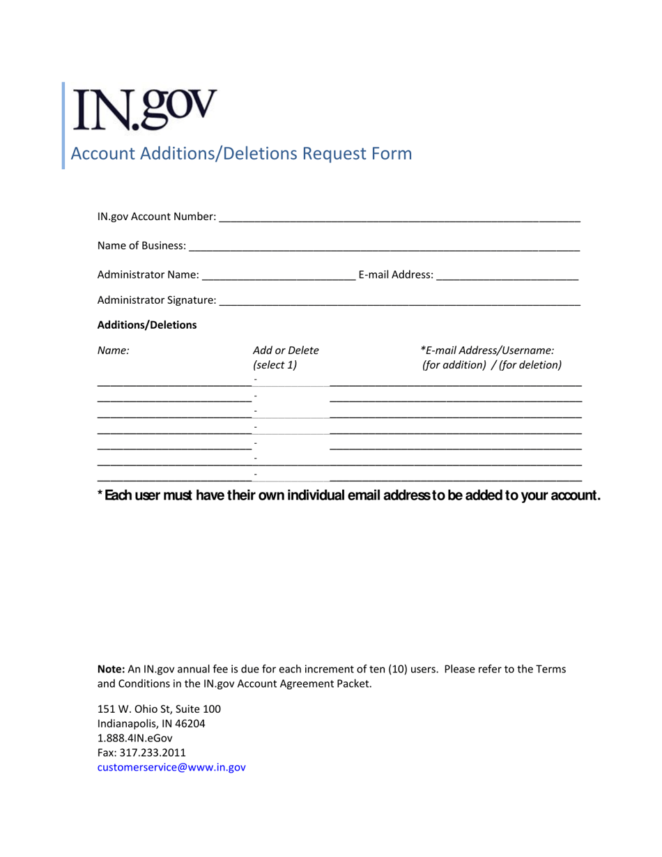Account Additions / Deletions Request Form - Indiana, Page 1