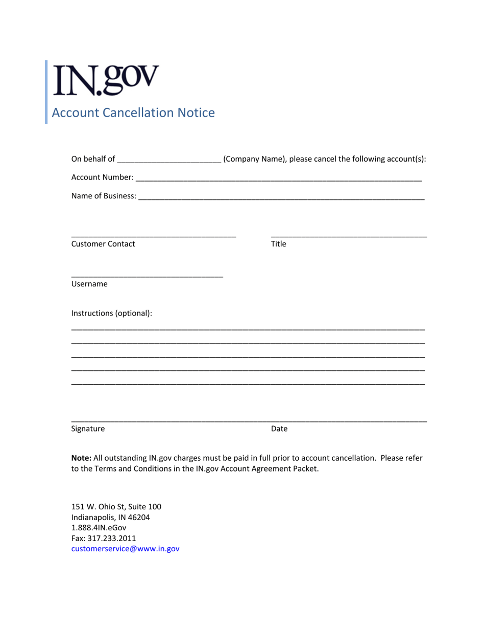 Account Cancellation Notice - Indiana, Page 1
