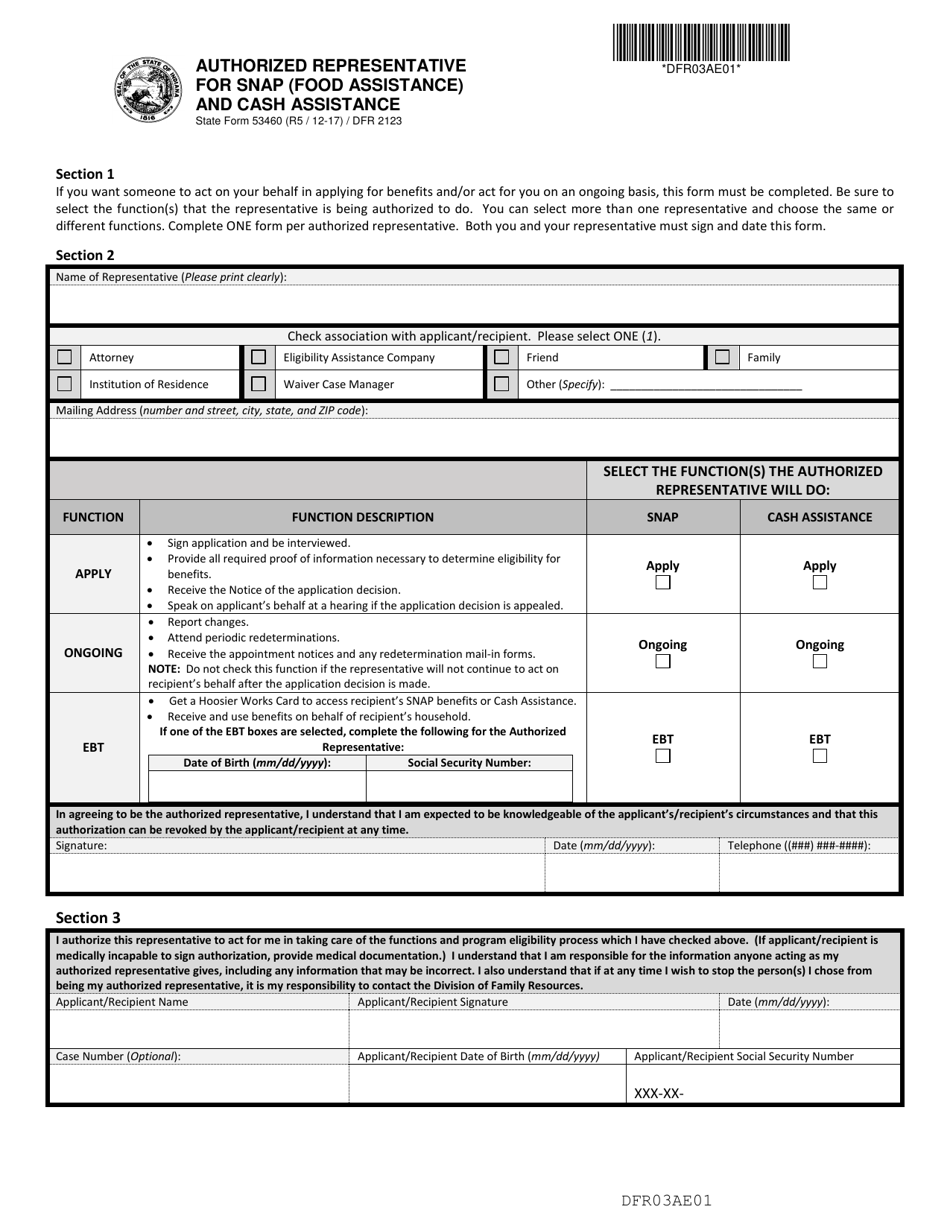 State Form 53460 (DFR2123) Authorized Representative for SNAP (Food Assistance) and Cash Assistance - Indiana, Page 1