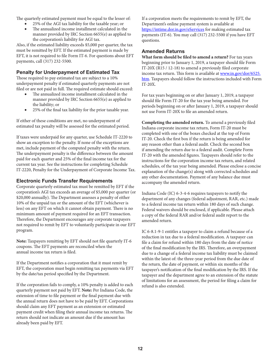 Instructions for Form IT-20 Indiana Corporate Adjusted Gross Income Tax Return - Indiana, Page 12