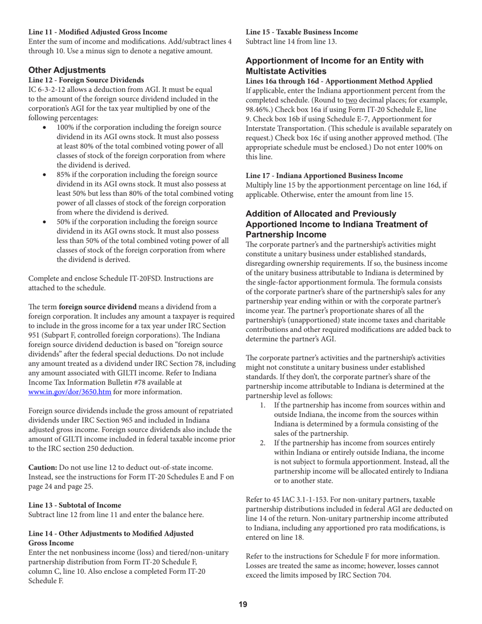 Instructions for Form IT-20 Indiana Corporate Adjusted Gross Income Tax Return - Indiana, Page 19