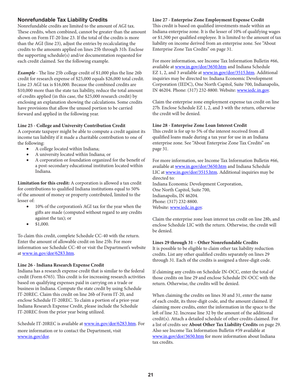 Instructions for Form IT-20 Indiana Corporate Adjusted Gross Income Tax Return - Indiana, Page 21