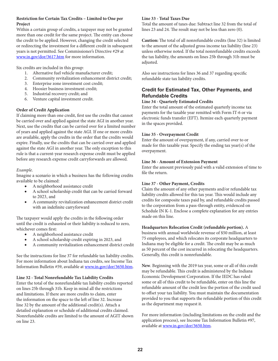 Instructions for Form IT-20 Indiana Corporate Adjusted Gross Income Tax Return - Indiana, Page 22