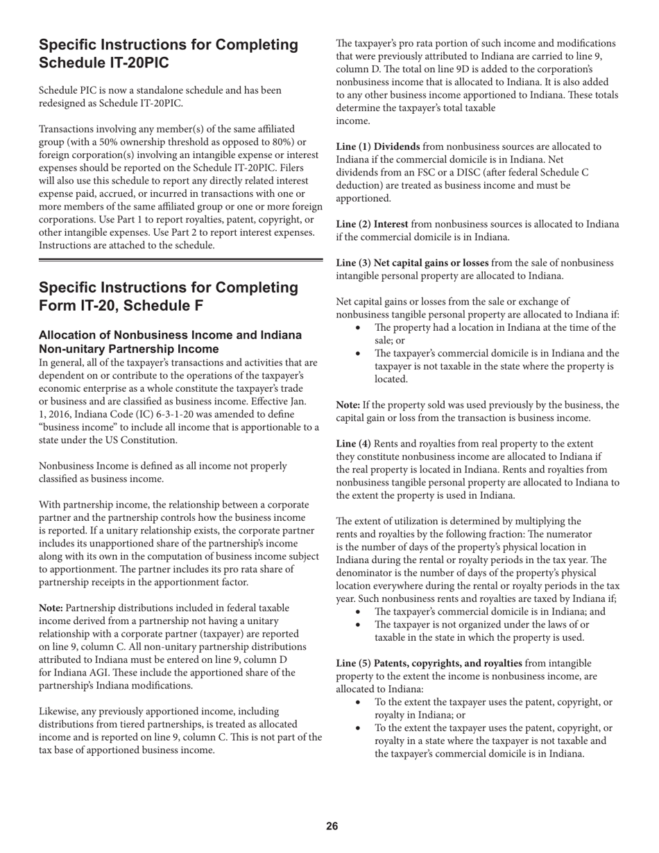 Instructions for Form IT-20 Indiana Corporate Adjusted Gross Income Tax Return - Indiana, Page 26
