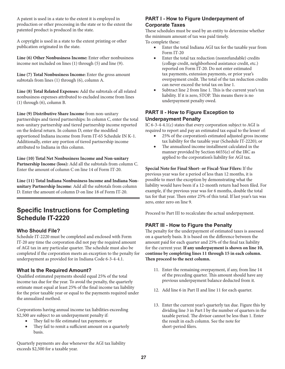 Instructions for Form IT-20 Indiana Corporate Adjusted Gross Income Tax Return - Indiana, Page 27