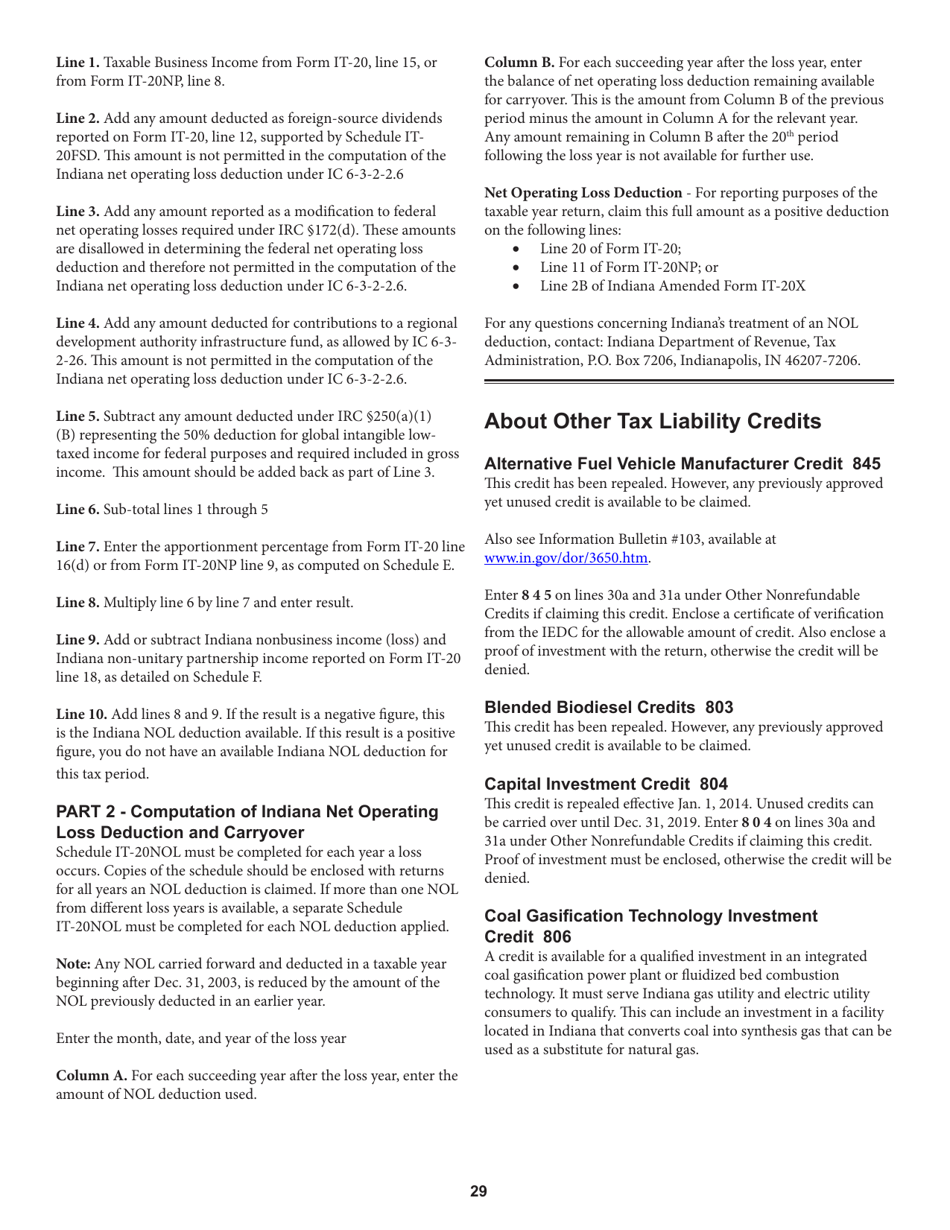 Instructions for Form IT-20 Indiana Corporate Adjusted Gross Income Tax Return - Indiana, Page 29