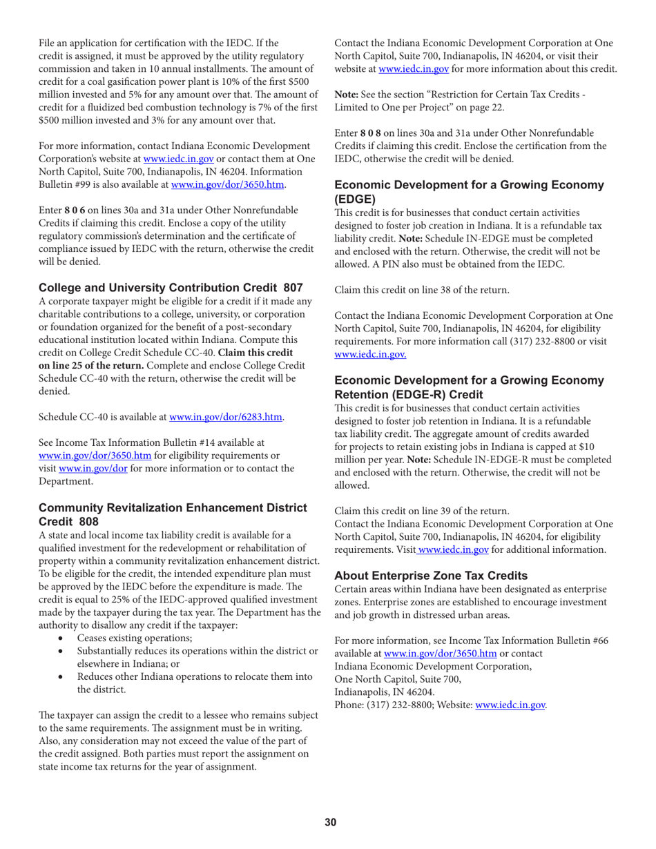 Instructions for Form IT-20 Indiana Corporate Adjusted Gross Income Tax Return - Indiana, Page 30