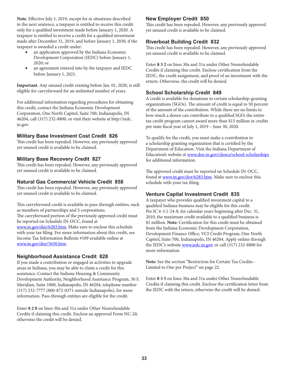 Instructions for Form IT-20 Indiana Corporate Adjusted Gross Income Tax Return - Indiana, Page 33