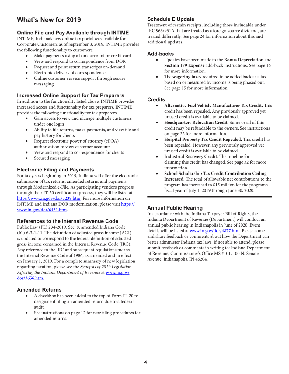 Instructions for Form IT-20 Indiana Corporate Adjusted Gross Income Tax Return - Indiana, Page 4