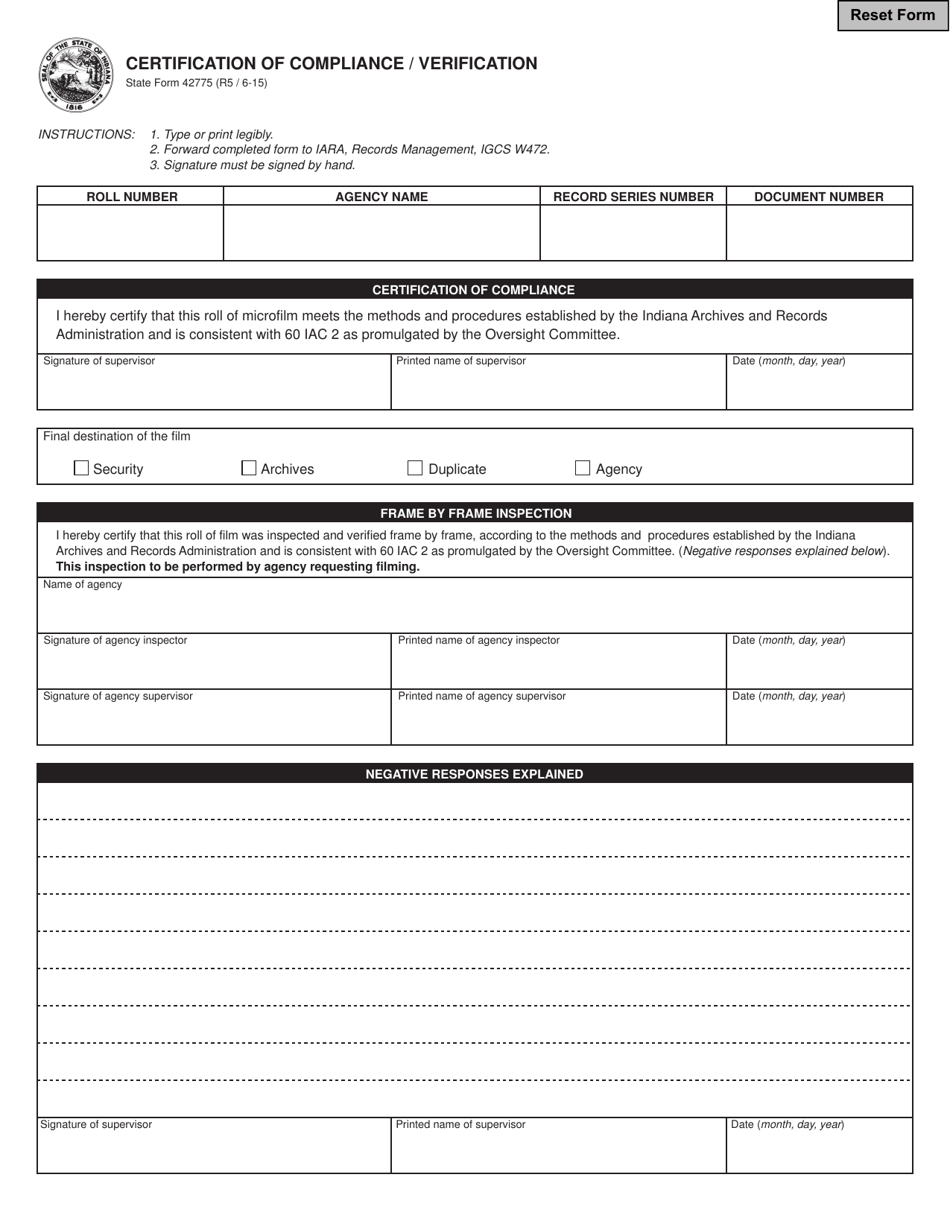 State Form 42775 Certification of Compliance / Verification - Indiana, Page 1