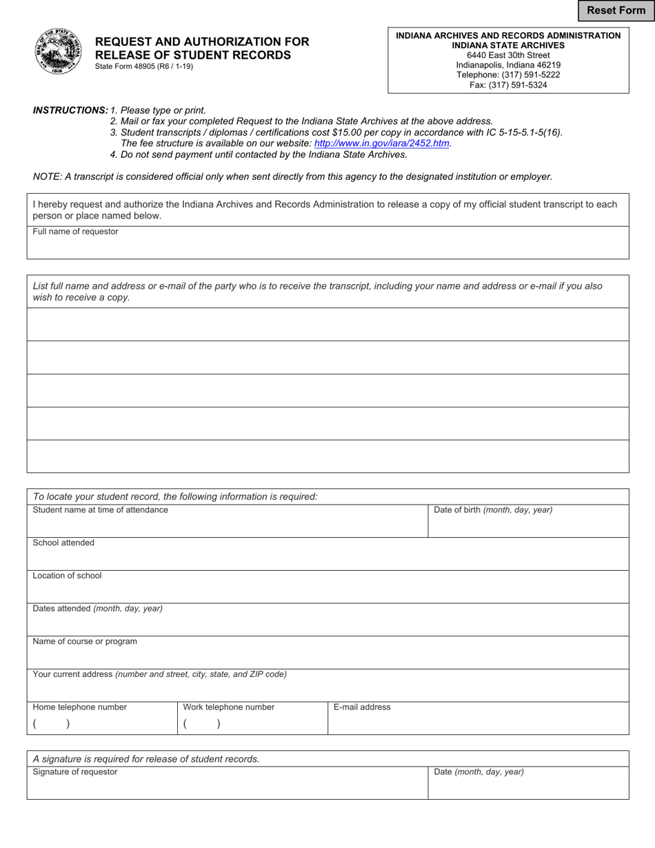 State Form 48905 Request and Authorization for Release of Student Records - Indiana, Page 1