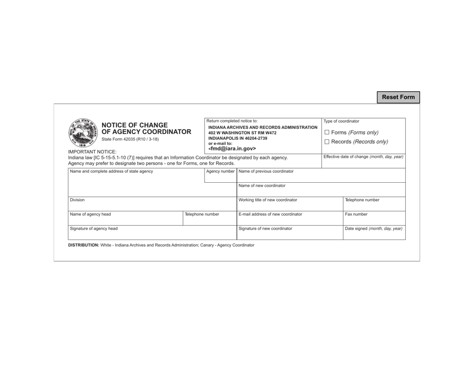State Form 42035 Notice of Change of Agency Coordinator - Indiana, Page 1