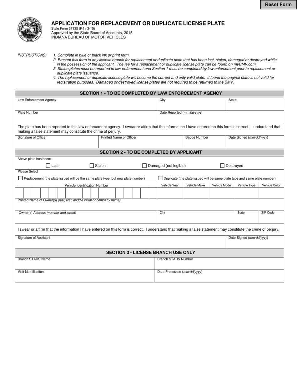 State Form 37135 Application for Replacement or Duplicate License Plate - Indiana, Page 1