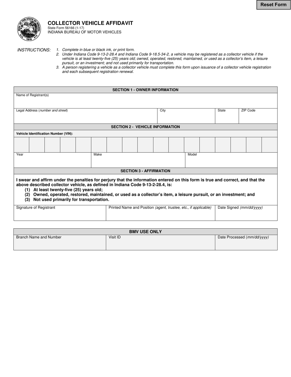 State Form 56166 Collector Vehicle Affidavit - Indiana, Page 1