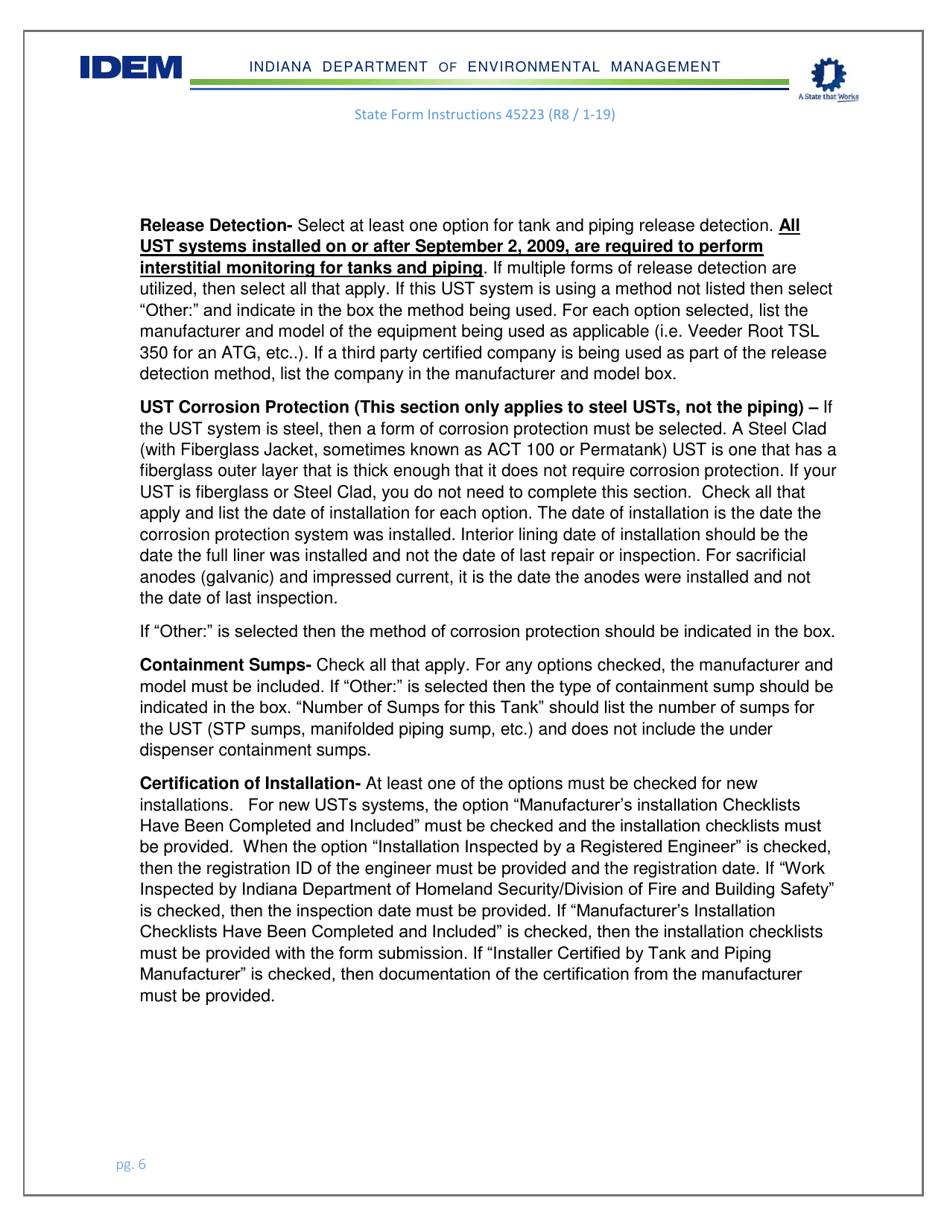 Instructions for State Form 45223 Notification for Underground Storage Tanks Systems - Indiana, Page 6