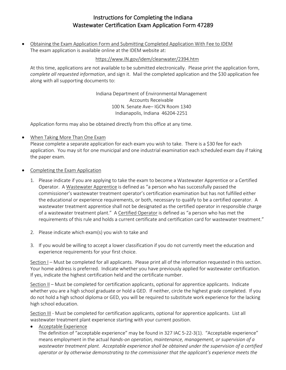 Instructions for State Form 47289 Application for Wastewater Treatment Plant Operator Certification Examination - Indiana, Page 1