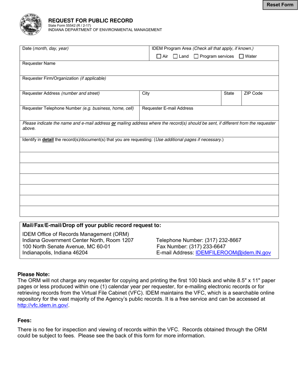 State Form 55542 Request for Public Record - Indiana, Page 1