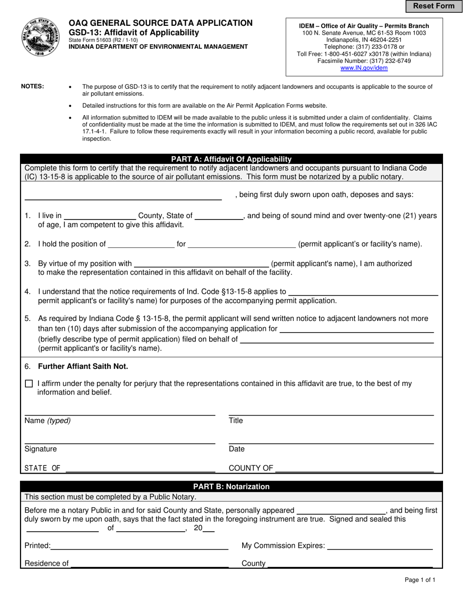 Form GSD-13 (State Form 51603) General Source Data - Affidavit of Applicability - Indiana, Page 1