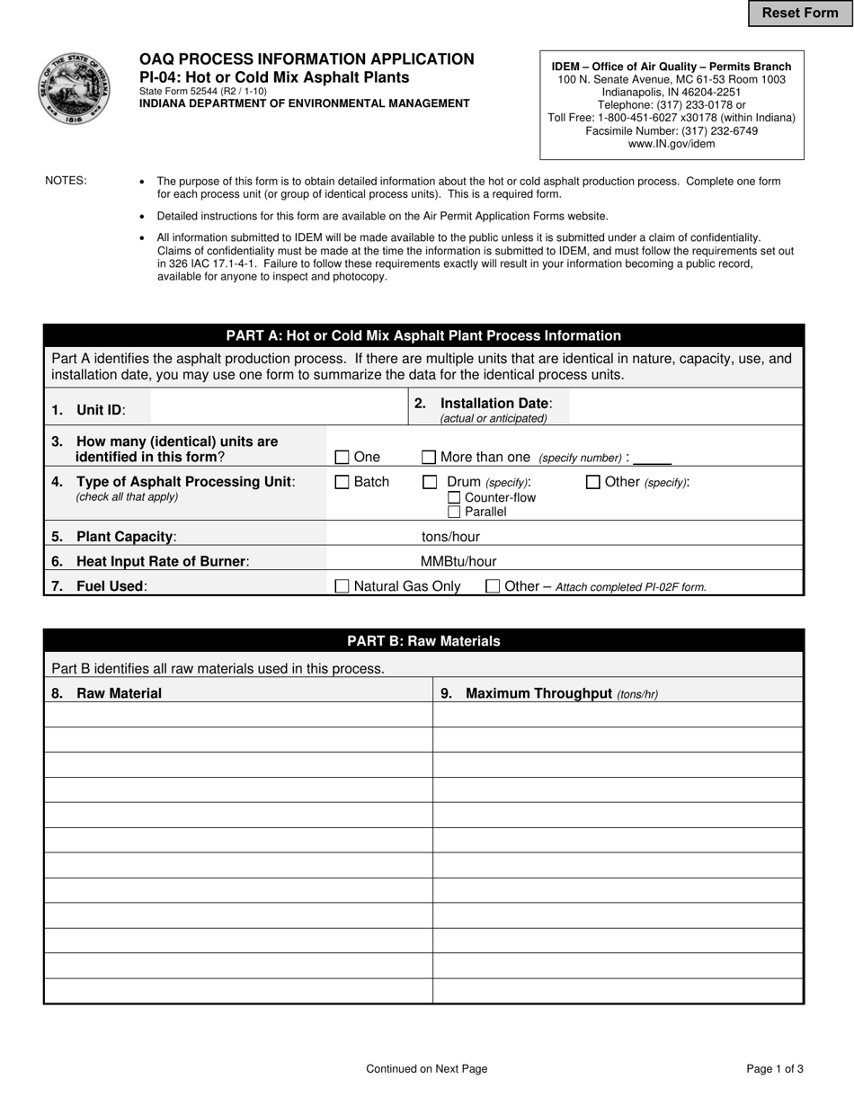 Form PI-04 (State Form 52544) Hot or Cold Mix Asphalt Plants - Indiana, Page 1