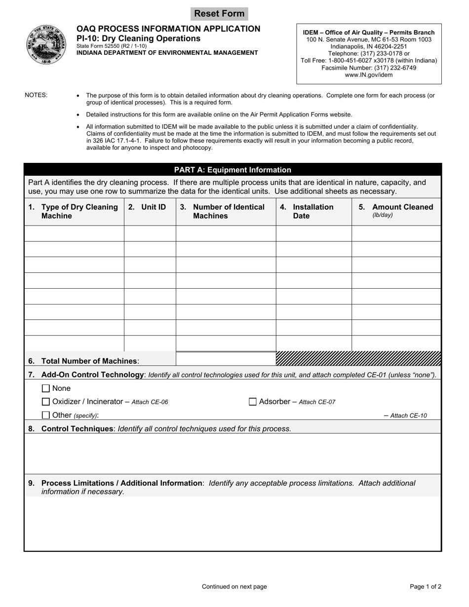 Form PI-10 (State Form 52550) Dry Cleaning Operations - Indiana, Page 1