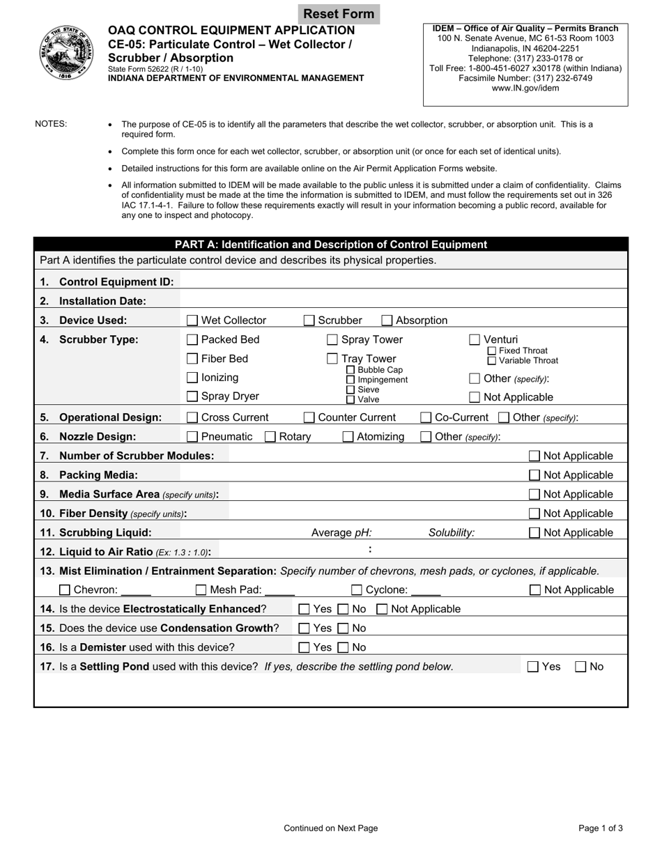 Form CE-05 (State Form 52622) Particulates - Wet Collector / Scrubber / Absorber - Indiana, Page 1