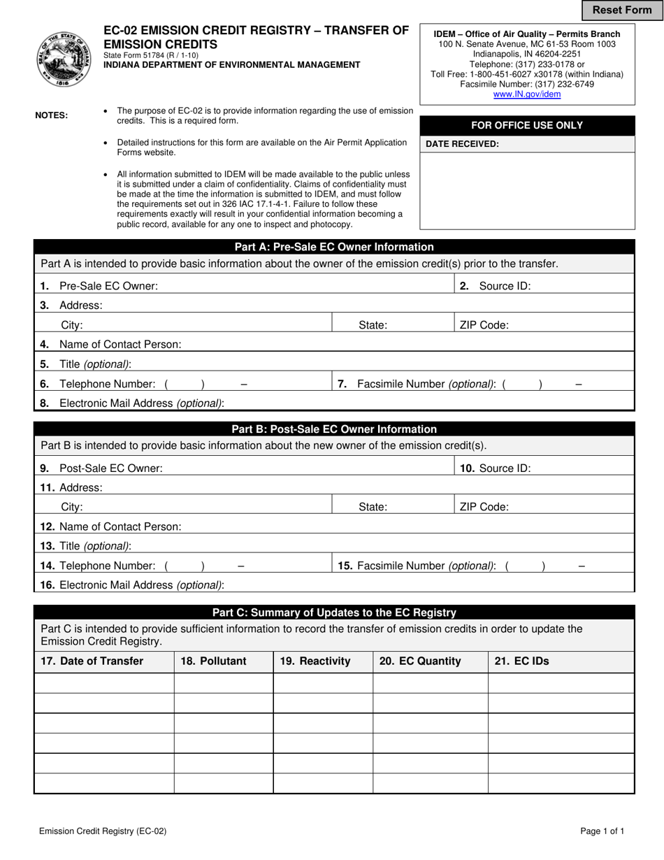 Form EC-02 (State Form 51784) Emission Credit Registry - Transfer of Emission Credits - Indiana, Page 1