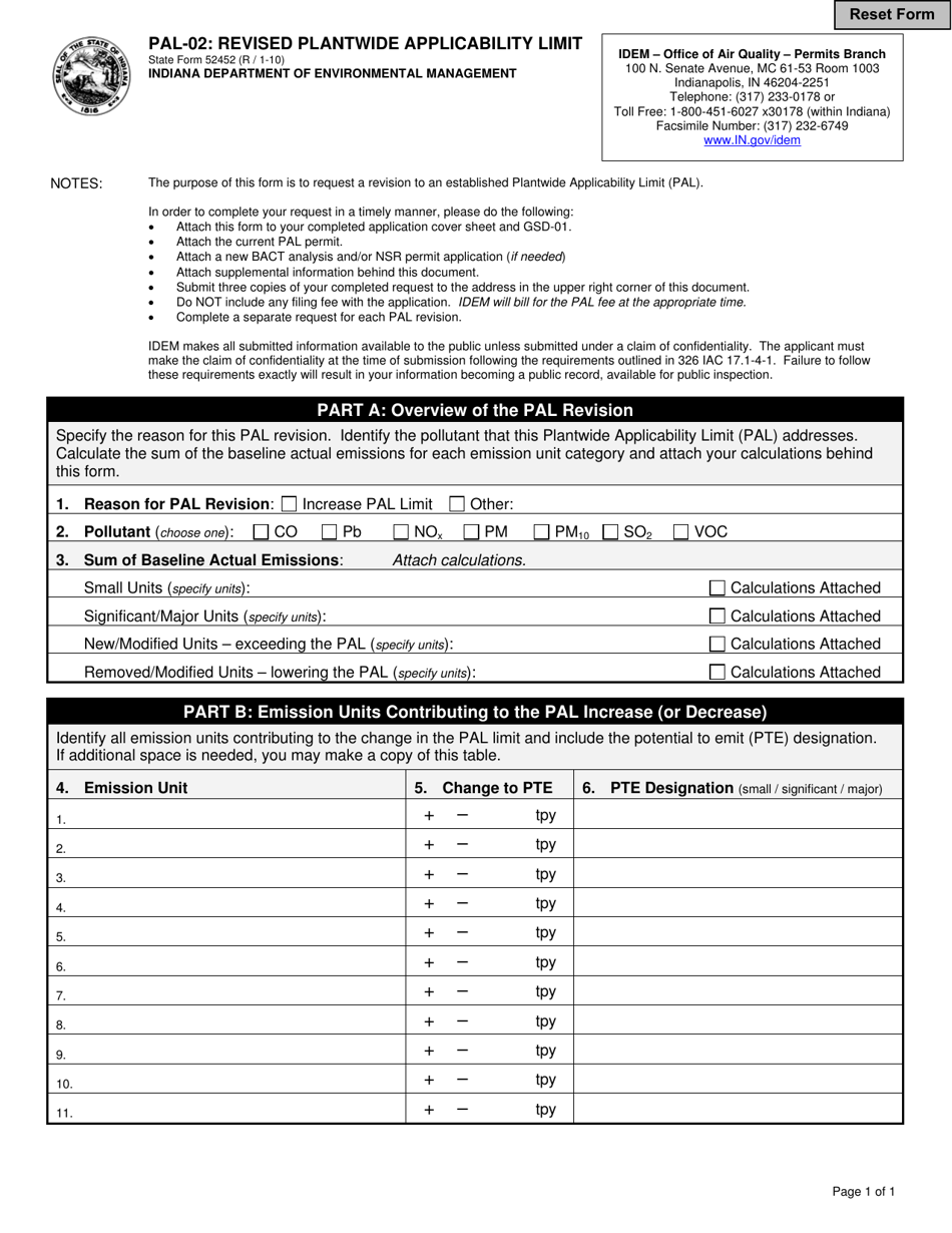 Form PAL-02 (State Form 52452) Revised Plantwide Applicability Limit - Indiana, Page 1
