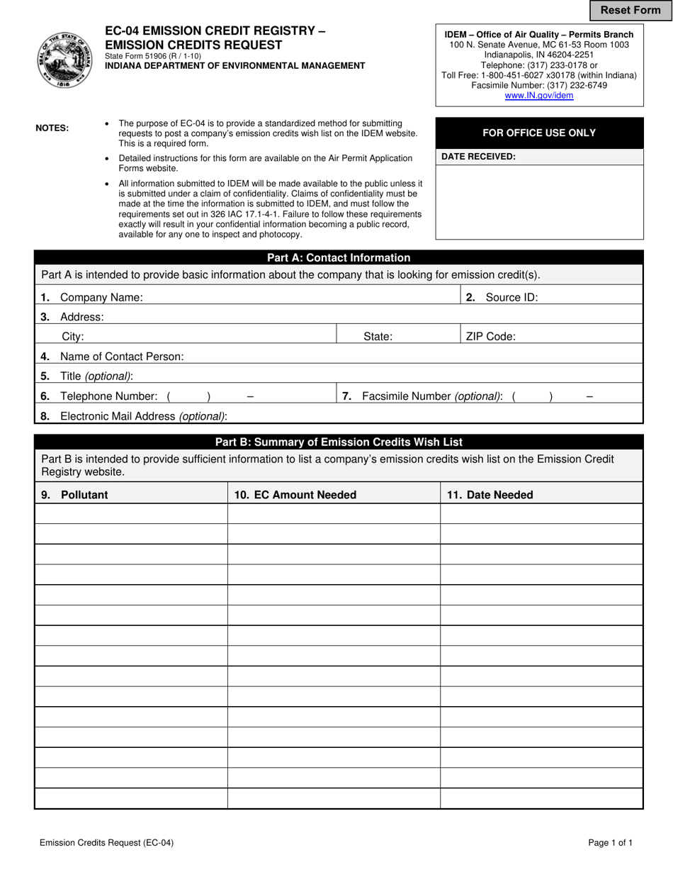 Form EC-04 (State Form 51906) Emission Credit Registry - Emission Credit Request - Indiana, Page 1