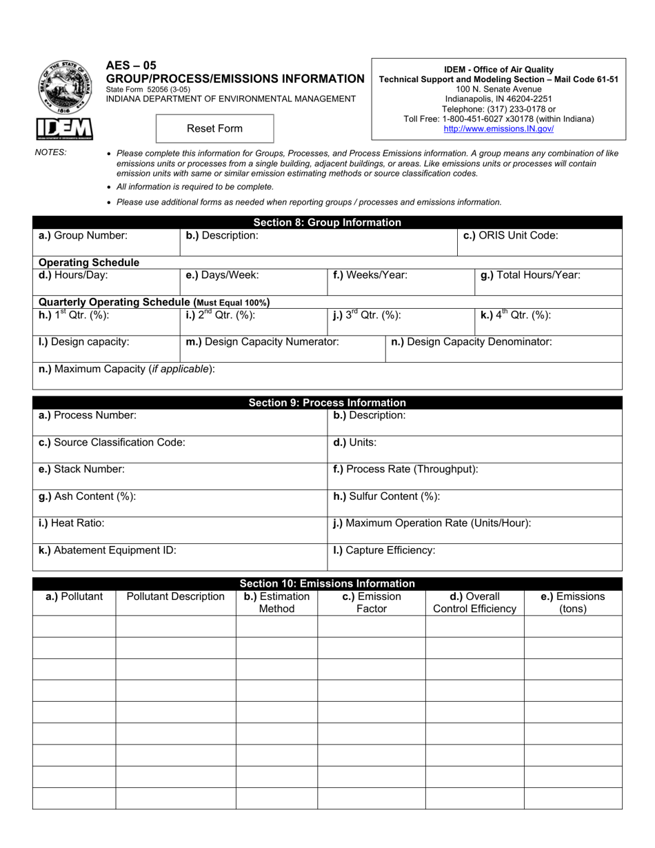 Form AES-05 (State Form 52056) Group / Process / Emissions Information - Indiana, Page 1