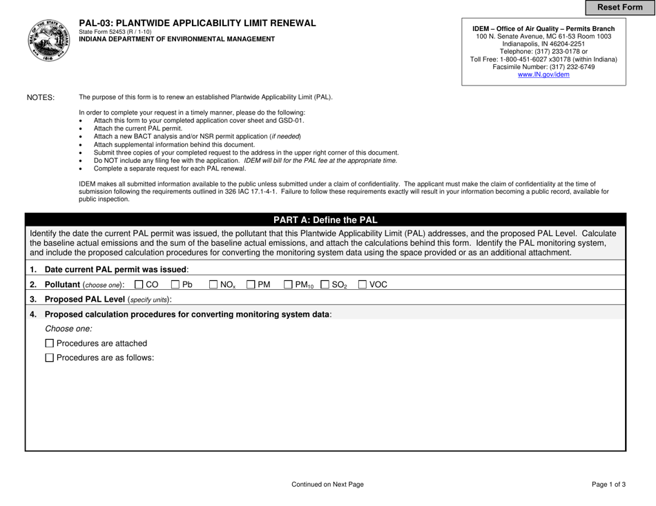 Form PAL-03 (State Form 52453) Plantwide Applicability Limit Renewal - Indiana, Page 1