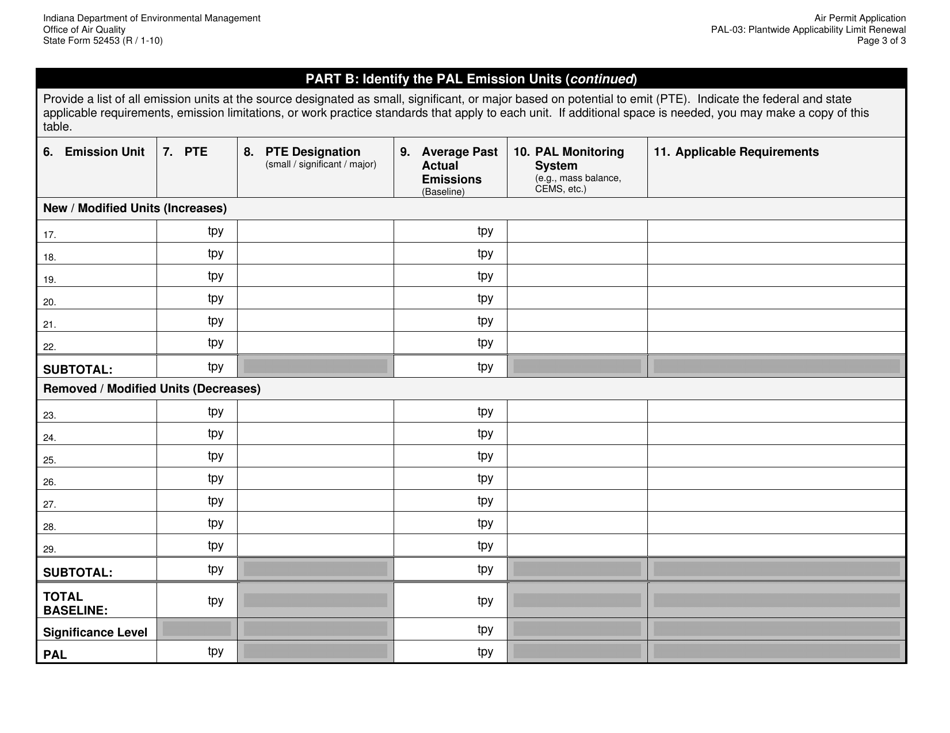 Form PAL-03 (State Form 52453) Plantwide Applicability Limit Renewal - Indiana, Page 3