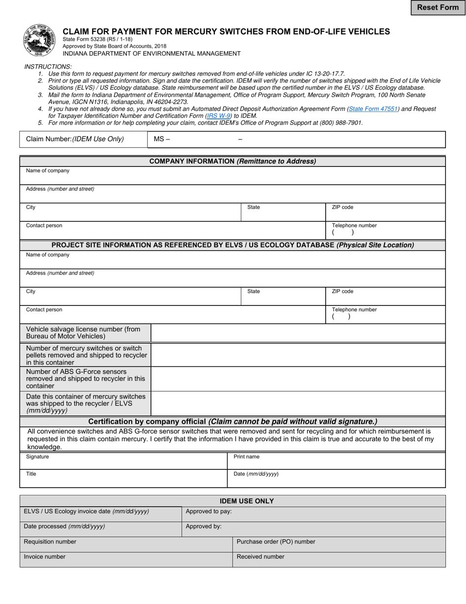 State Form 53238 Claim for Payment for Mercury Switches From End-Of-Life Vehicles - Indiana, Page 1