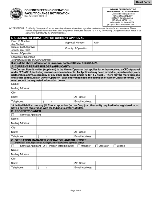 State Form 50209 Confined Feeding Operation Facility Change Notification - Indiana