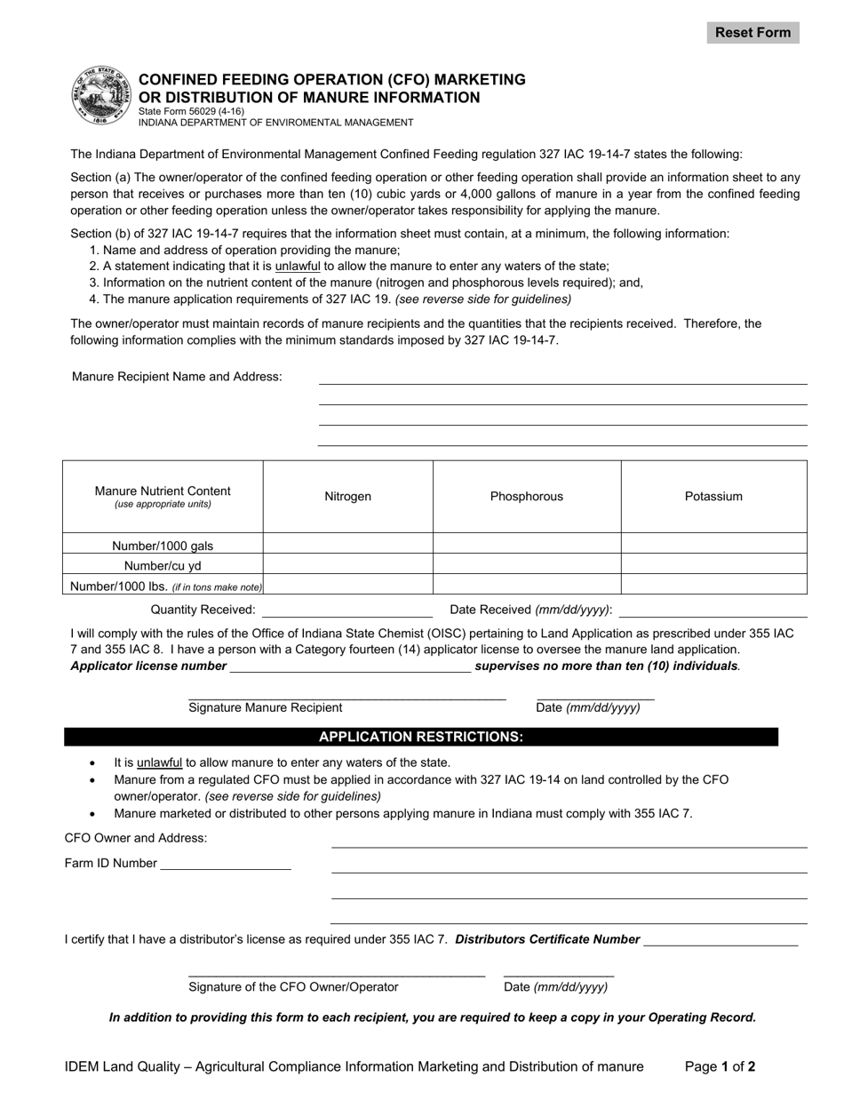 State Form 56029 Confined Feeding Operation (Cfo) Marketing or Distribution of Manure Information - Indiana, Page 1