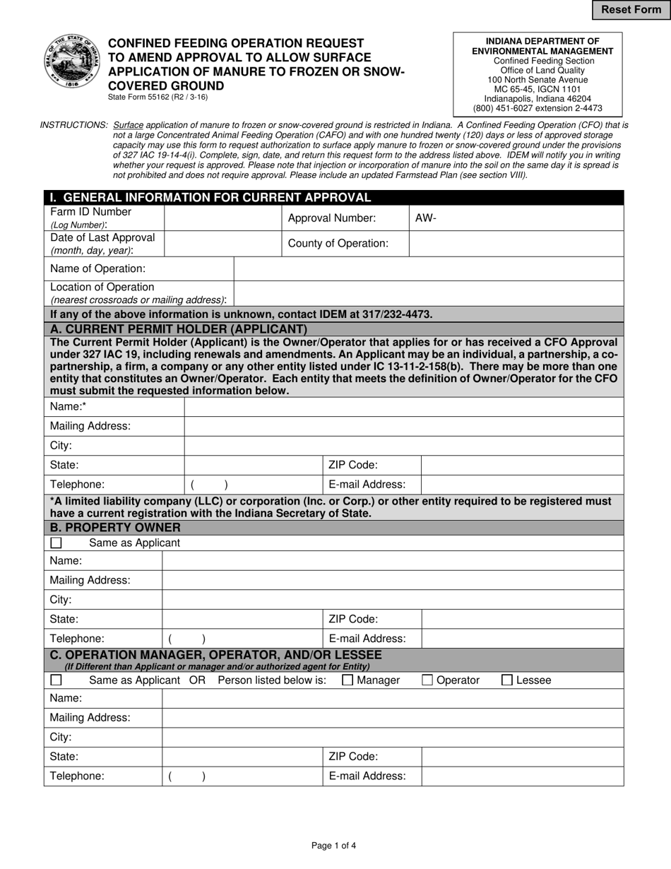 State Form 55162 Confined Feeding Operation Request to Amend Approval to Allow Surface Application of Manure to Frozen or Snowcovered Ground - Indiana, Page 1