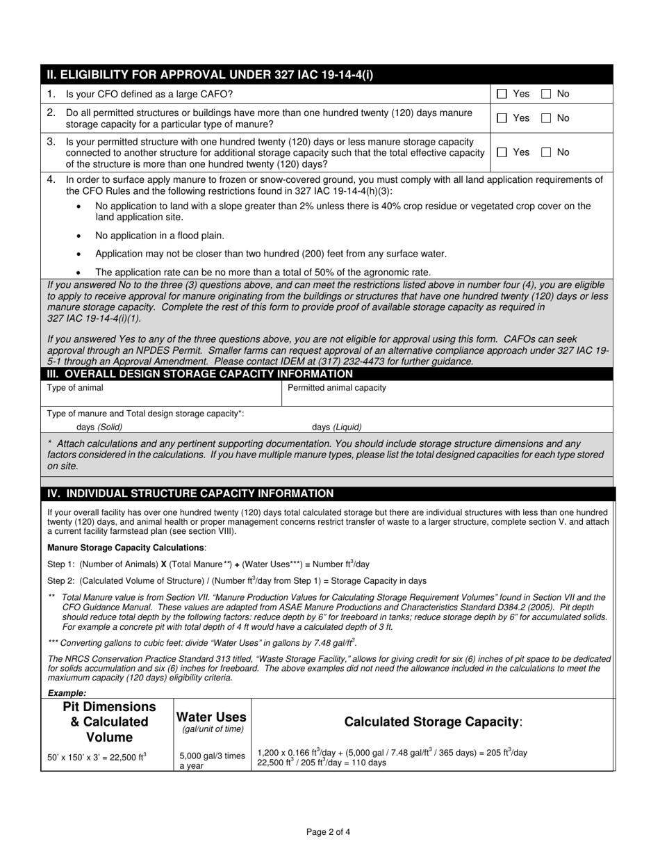 State Form 55162 Confined Feeding Operation Request to Amend Approval to Allow Surface Application of Manure to Frozen or Snowcovered Ground - Indiana, Page 2