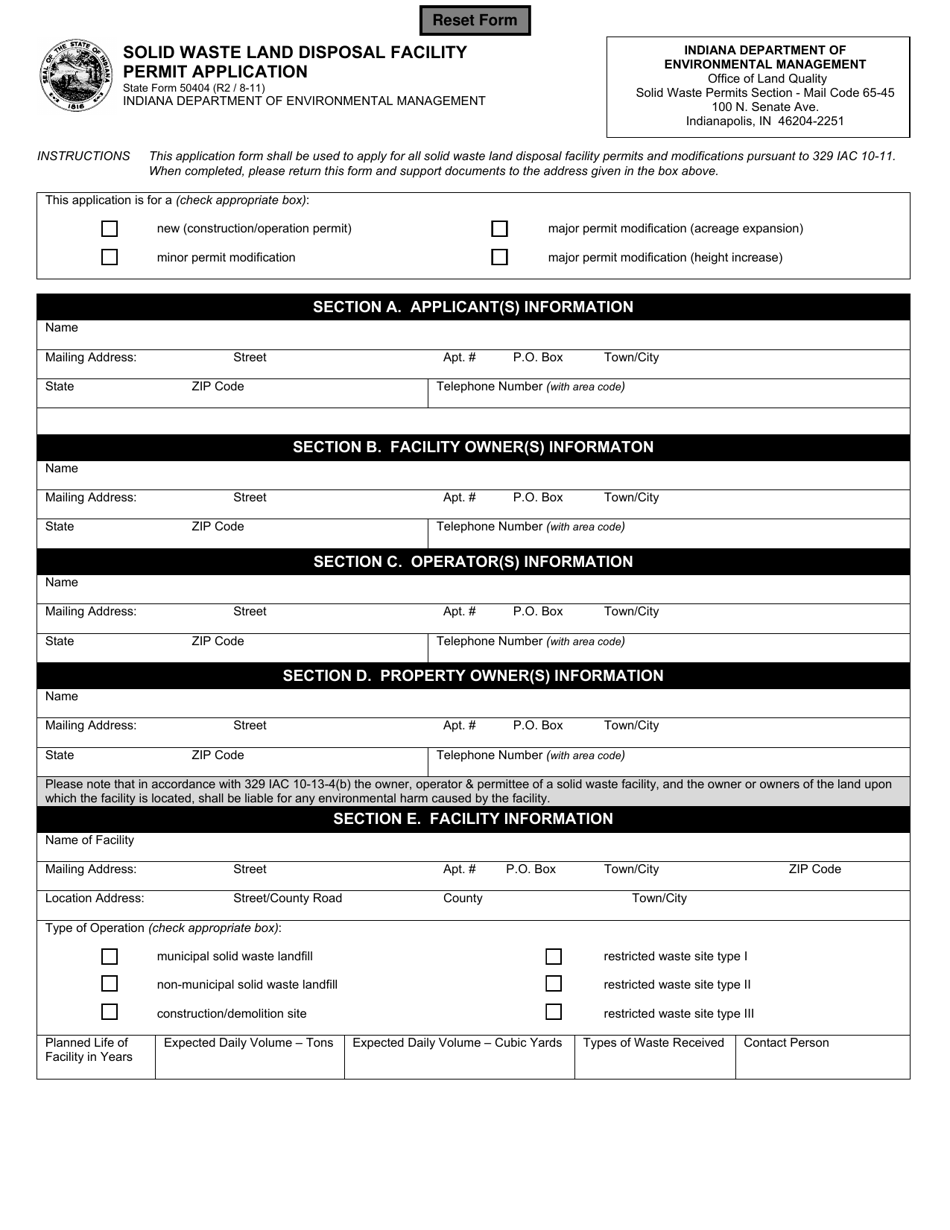 State Form 50404 Solid Waste Land Disposal Facility Permit Application - Indiana, Page 1