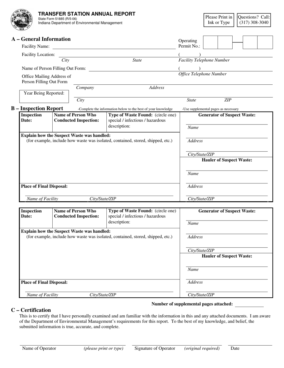 State Form 51885 Transfer Station Annual Report - Indiana, Page 1