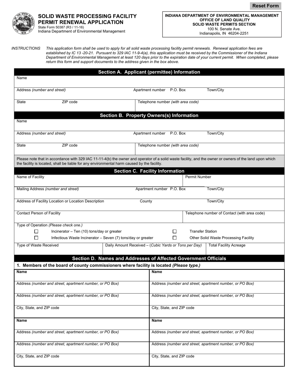 State Form 50387 Solid Waste Processing Facility Permit Renewal Application - Indiana, Page 1