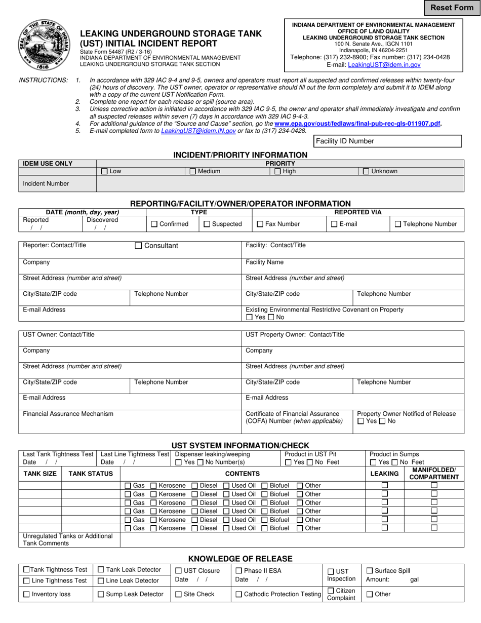 State Form 54487 Leaking Underground Storage Tank (Ust) Initial Incident Report - Indiana, Page 1