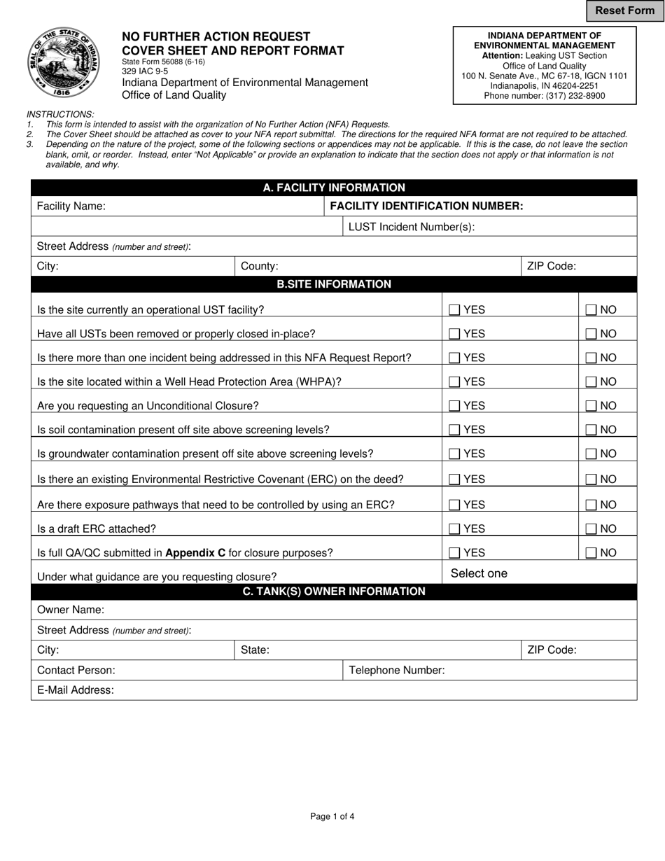 State Form 56088 No Further Action Request Cover Sheet and Report Format - Indiana, Page 1