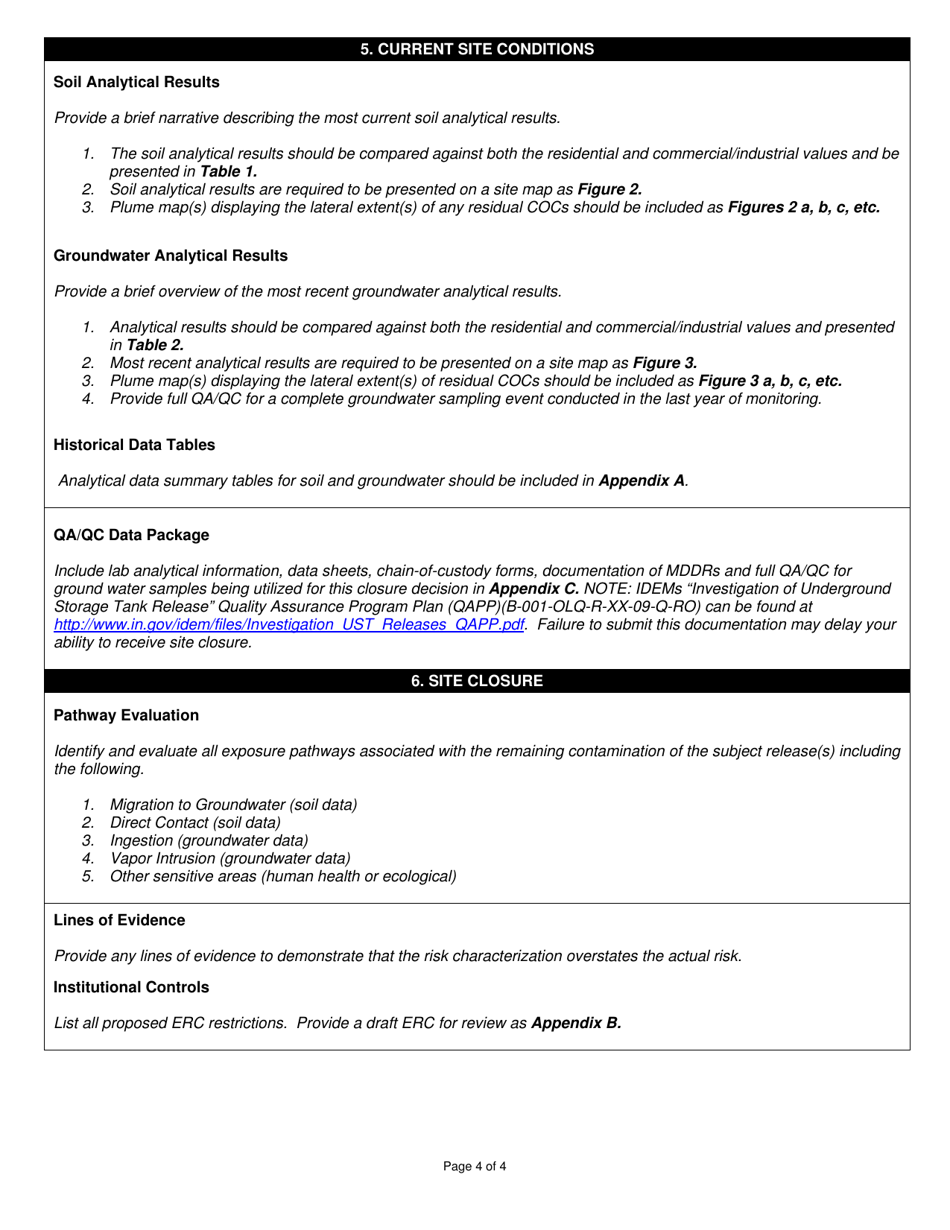 State Form 56088 No Further Action Request Cover Sheet and Report Format - Indiana, Page 4
