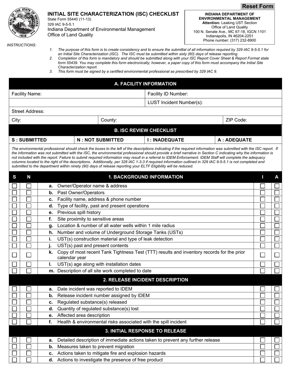 State Form 55440 Lust Initial Site Characterization (Isc) Checklist - Indiana, Page 1
