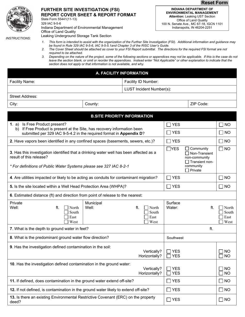 State Form 55441 Lust Further Site Investigation (Fsi) Report Cover Sheet  Report Format - Indiana, Page 1