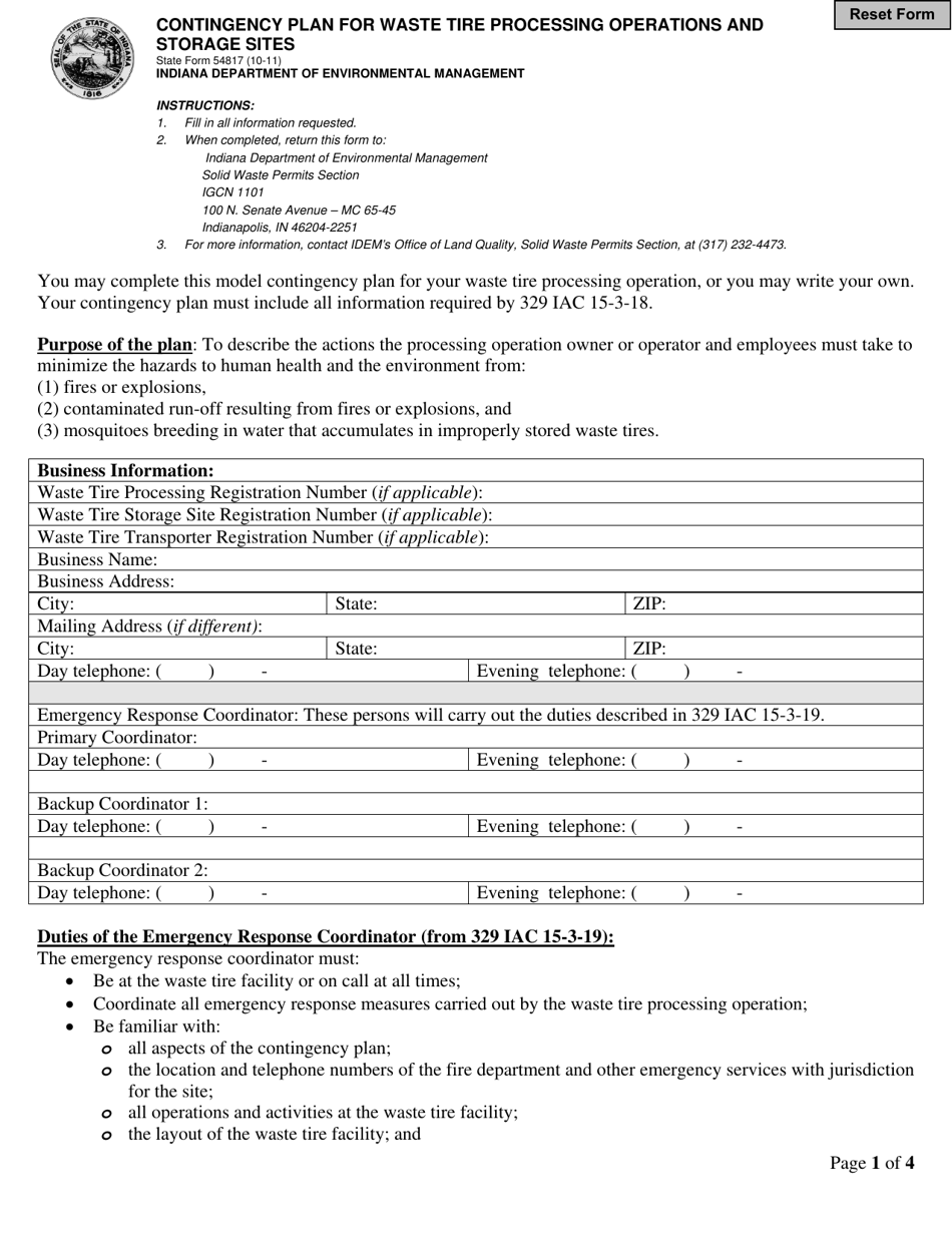 State Form 54817 Contingency Plan for Waste Tire Processing Operations and Storage Sites - Indiana, Page 1