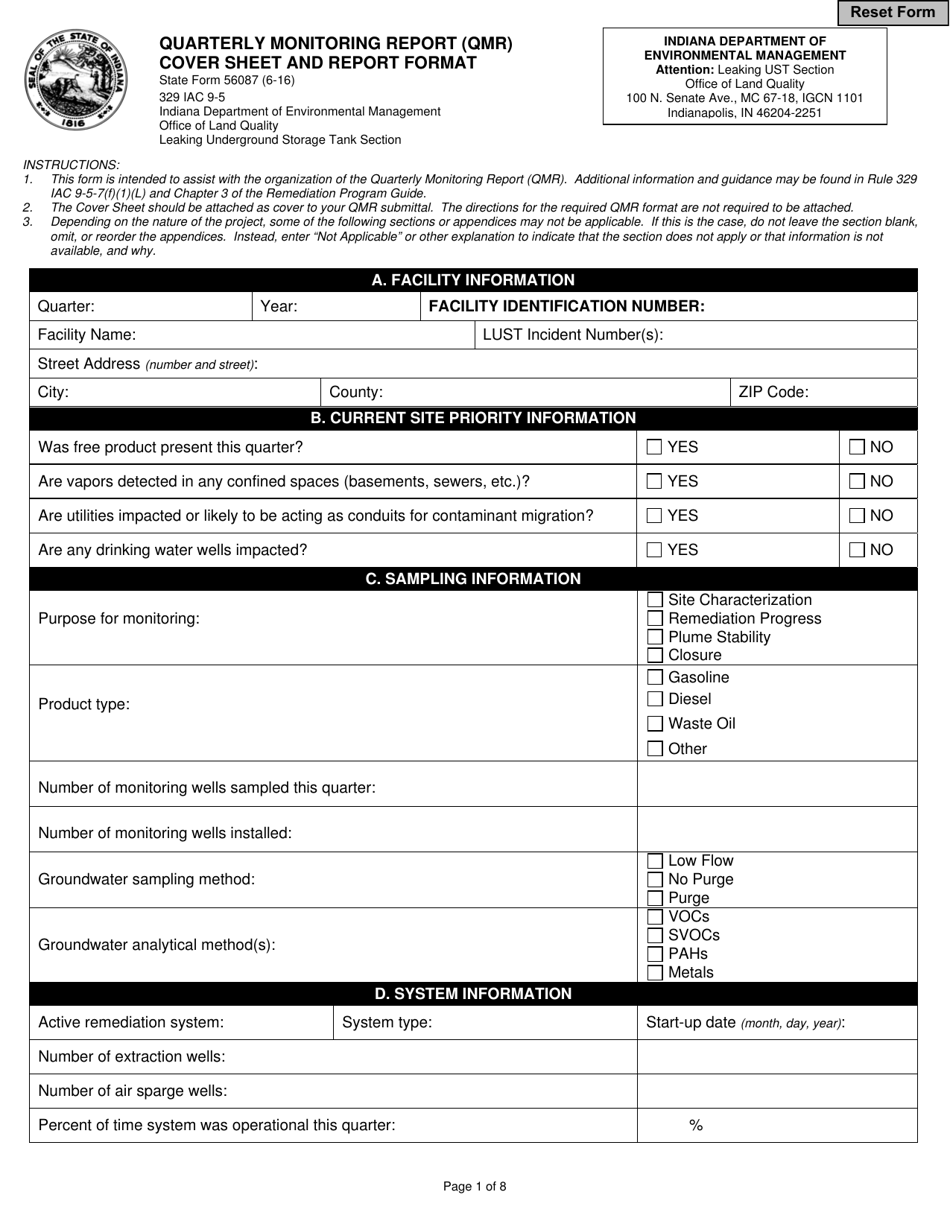 State Form 56087 Quarterly Monitoring Report (Qmr) Cover Sheet and Report Format - Indiana, Page 1