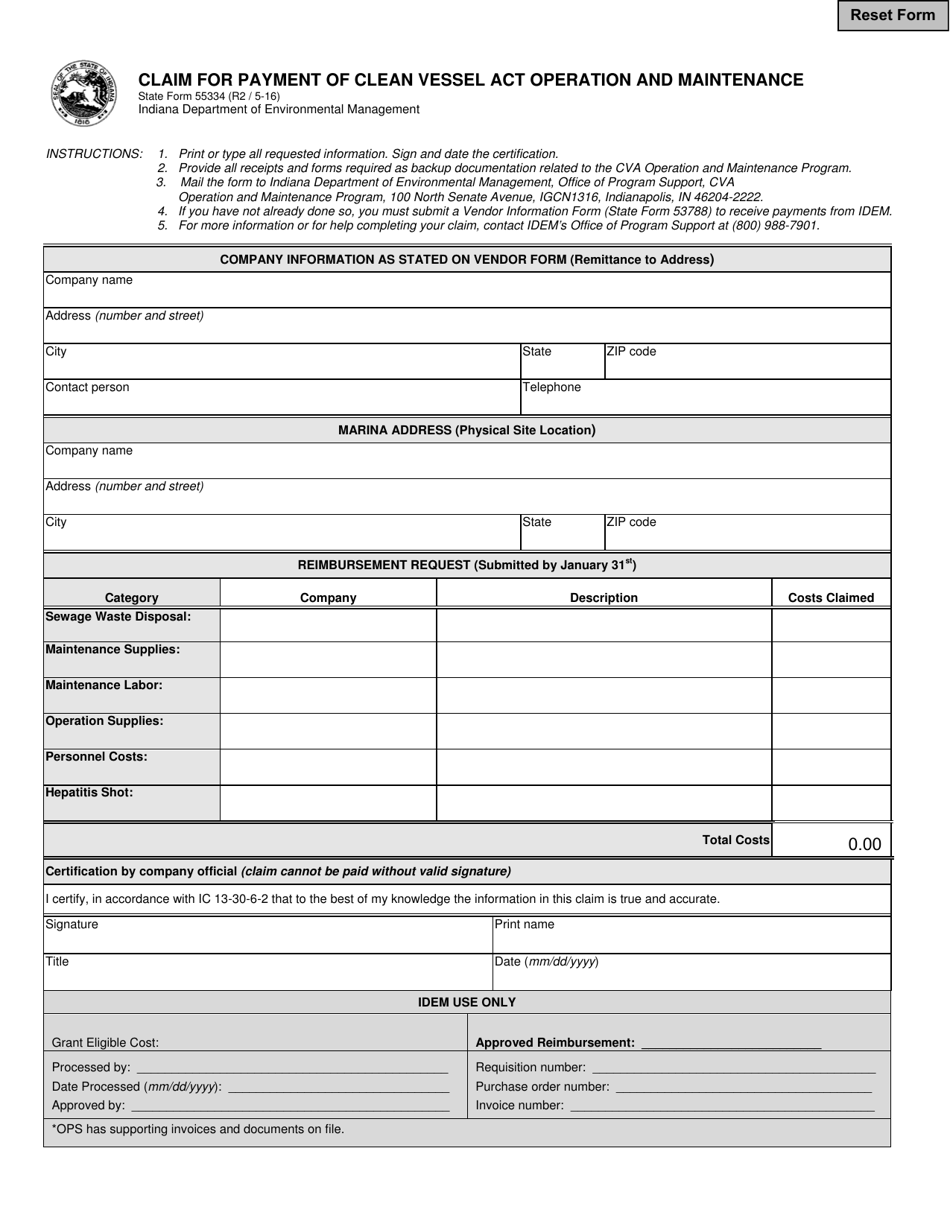 State Form 55334 Claim for Payment of Clean Vessel Act Operation and Maintenance - Indiana, Page 1