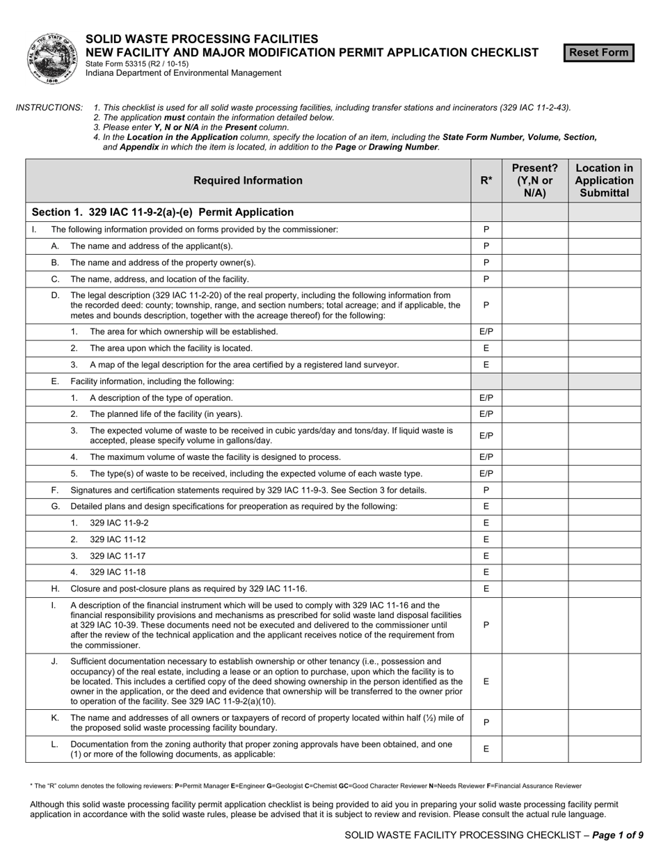State Form 53315 Solid Waste Processing Facilities and Incinerators / New Facility and Major Modification Permit Application Checklist - Indiana, Page 1